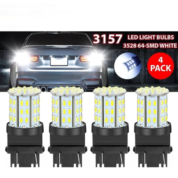4-Pack 3157 3156 LED Bulbs, 64 SMD 6000K White for Reverse/Tail/Brake/Turn Signal Lights - Direct Replacement, Non-Polarity Design