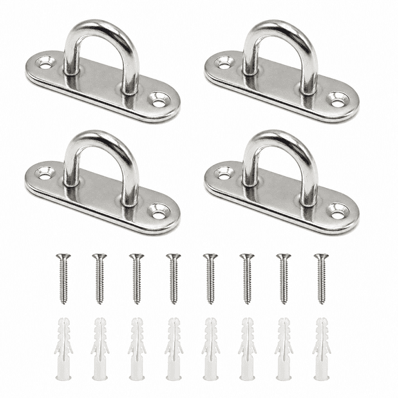 4 Pack 316 Stainless Steel Pad Eyes, U-Shaped Tie Down Loops with Screws and Anchors, Marine Boat Wall Mount Hooks for Rope, Cable, Strap and Outdoor Hardware
