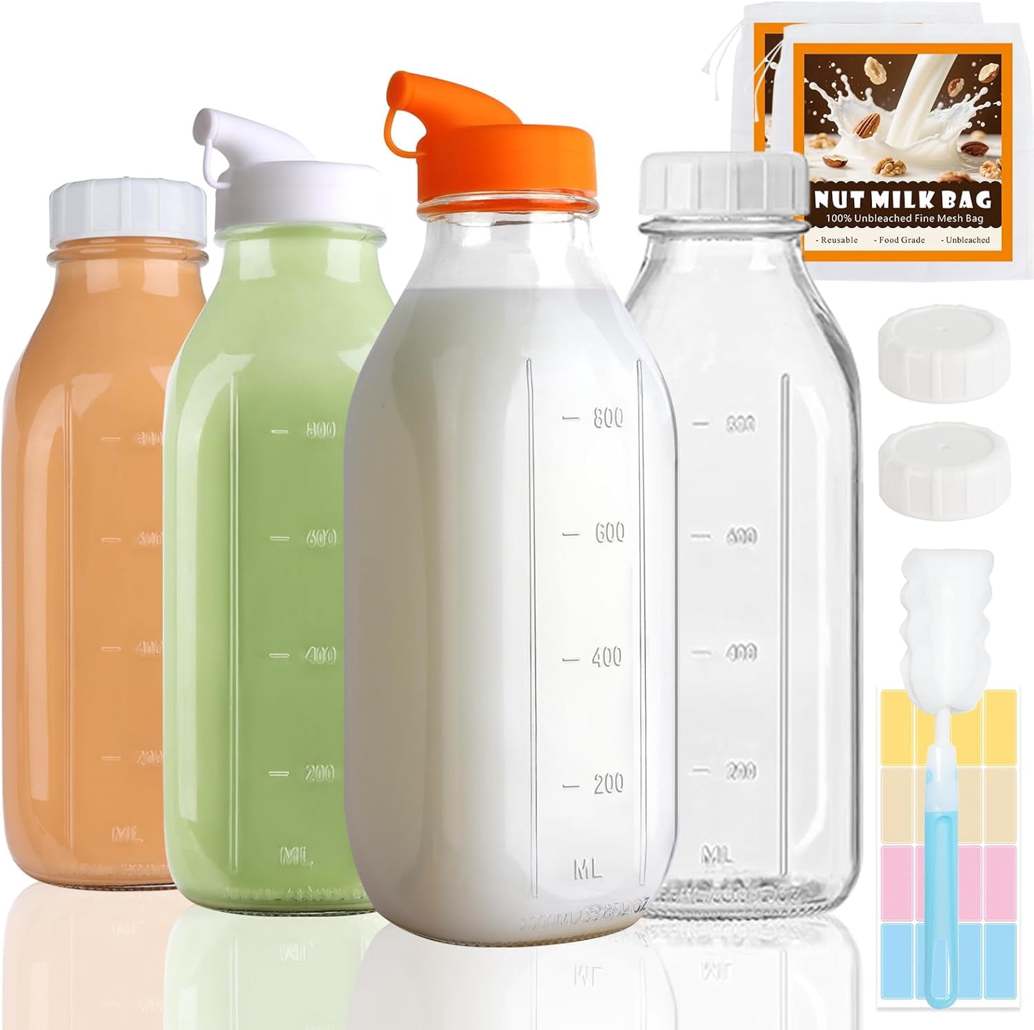 4 Pack 32 Oz Glass Milk Bottles with Nut Milk Bag & 2 Pour Spout & 2 ...