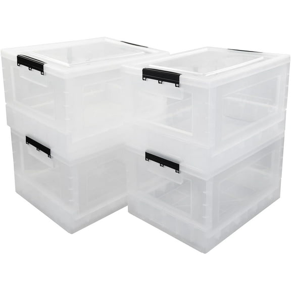 4-Pack 32 Quart Clear Collapsible Storage Crate, Folding Storage Box with Lid