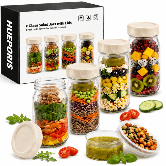 4 Pack 32 oz Glass Salad Jars Meal Prep Containers, Leakproof Mason Jars with Handle, 2 Built-in Divider Cups Wet/Dry Separation for Dressing Nuts Dry Ingredients, Ideal for Office Lunch Gym