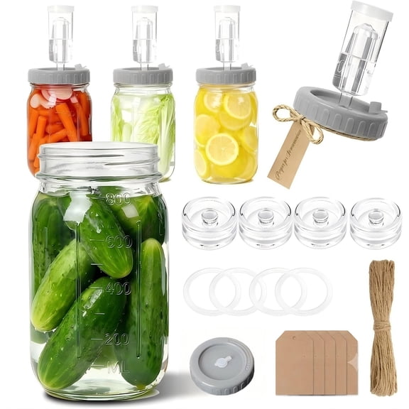 4 Pack 32 oz Wide Mouth Mason Jars Fermentation Kit with Glass Weights, Plastic Lids and Airlocks for Pickles, Kimchi, Sauerkraut and Food Storage
