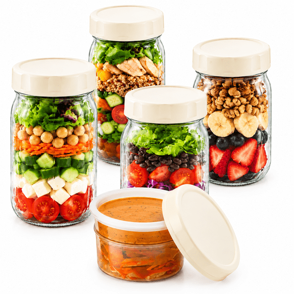 4 Pack 32oz Mason Jars, Leakproof Glass Salad Jars with Built-in Divided Compartments, Wet Dry Separation Salad Jars for Meal Prep Lunch Storage