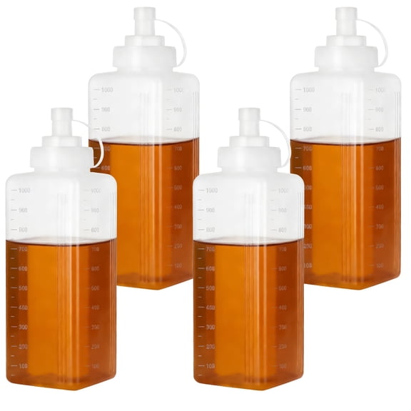 4 Pack 34 fl oz Wide Mouth Squeeze Bottles, Food Safe BPA-Free Plastic, Crystal-Clear Scale & Easy-Pour Round Tip with Cap, Leakproof Design for Ketchup, Mustard, Mayo, Salad Dressing & More