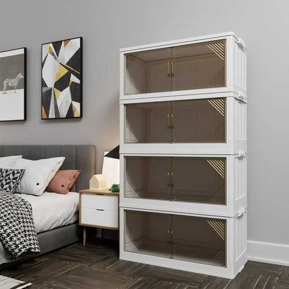 4-Pack 35.4in Wide Transparent Plastic Storage Cabinets For Closet Organizers And Storage Folding Storage Box Stackable Storage Bins With Open Front Door