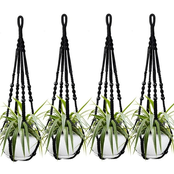 4 Pack 35" Black Plant Hanger with 8 Hooks for Indoor Plants and Outdoor Plants Handmade Cotton Hanging Plant Holder for Home Garden Office Decor