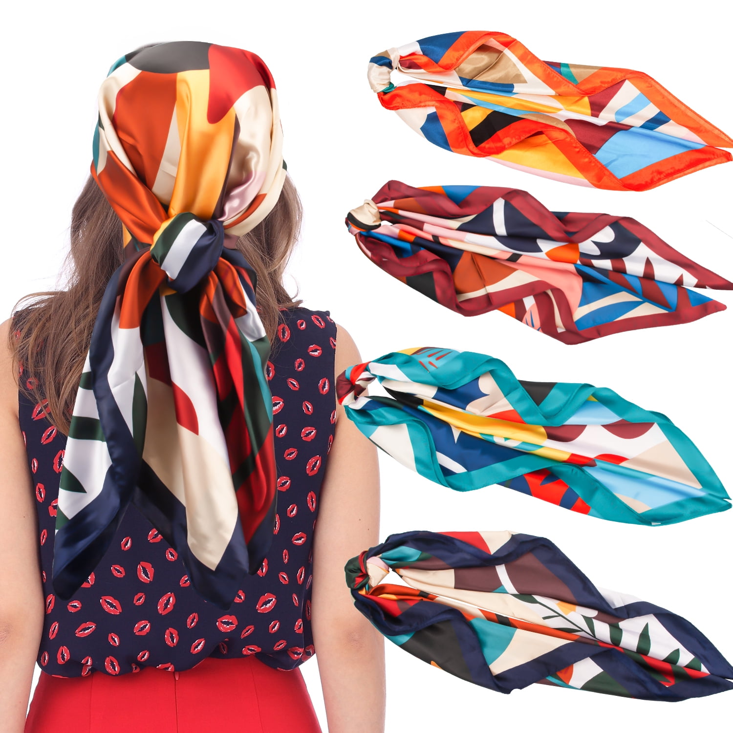 4 Pack 35" Large Silk Scarf Satin Square Head Scarves Silk Like Neck