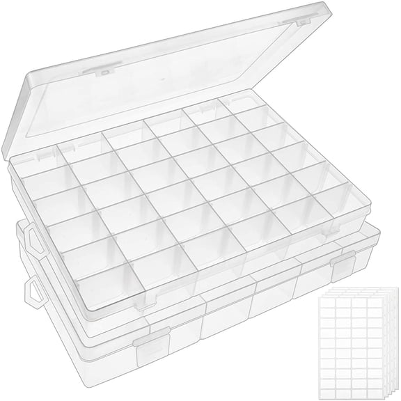 4 Pack 36 Grids Plastic Bead Organizer Box with Dividers, Clear Craft Tackle Box Parts Storage Containers with Compartments for Jewelry Fishing Tackle Art DIY with 5 Sheets Label Stickers