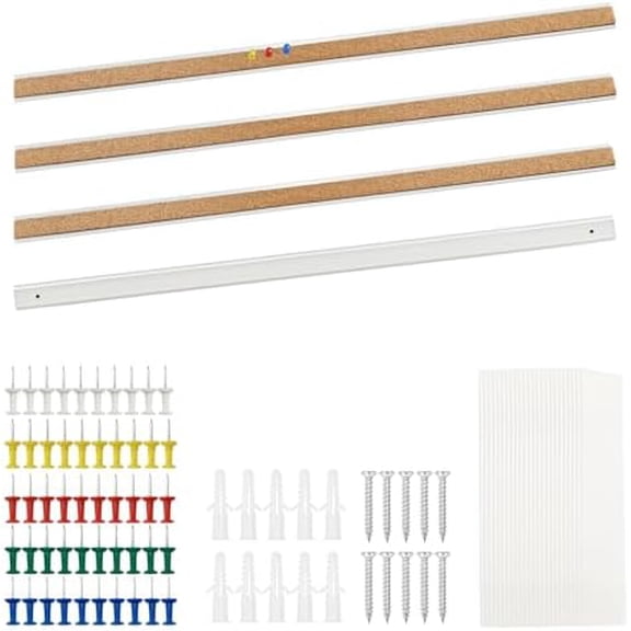 4 Pack 36'' x 1" Cork Board Strips with Aluminum Trim for Wall - Self-Adhesive Bulletin Strips for Notes, Photos, Reminders, Classroom, Office, Home, Holiday Decor$$Office