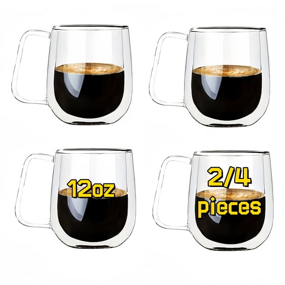4-Pack 360ml/12oz Double-Layer Insulated Glass Coffee Mugs with Handle - Transparent Cups for Latte, Cappuccino, Hot/Cold Drinks, Home, Office & Business Club