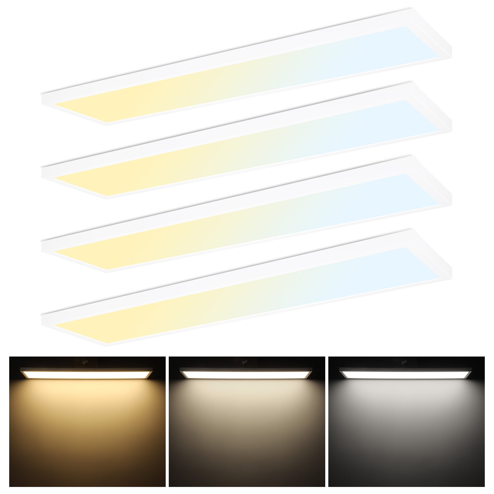 4 Pack 3CCT 1x4 FT LED Flat Panel Flush Mount Light, 5%-100% Dimmable
