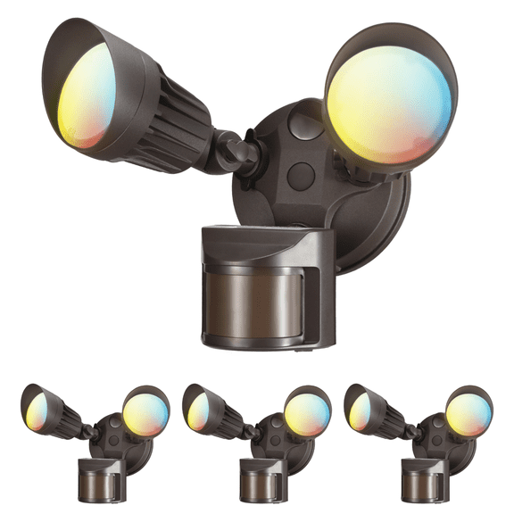 4 Pack 3CCT 2-Head Adjustable LED Security Light, Motion Sensor Flood Lights Outdoor Dusk to Dawn, 3000K/4000K/5000K Selectable, Bronze