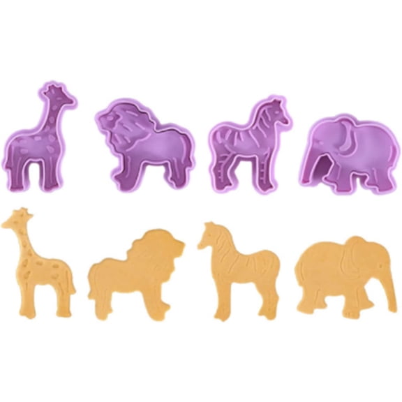 4 Pack 3D Animal Cookie Cutters Fondant Biscuit Mould Cake Molds Sugarcraft Cake Decoration Baking Pastry Tools Crackers Plunger Cutter Stamp Candy Lion Giraffe Zebra Elephant (Purple)