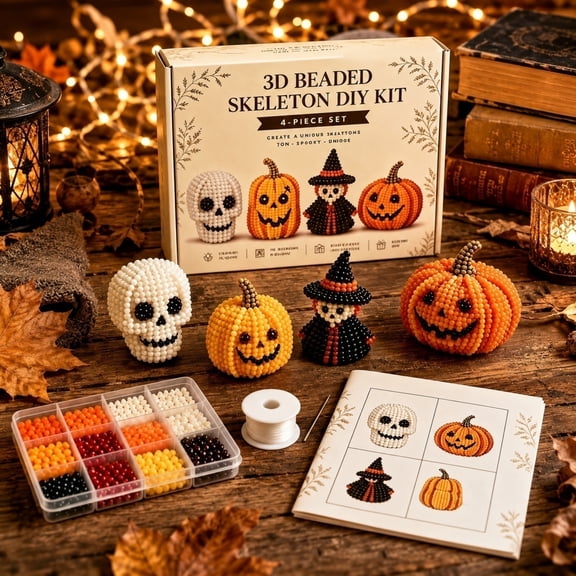 4 Pack 3D Bead Pumpkin DIY Craft Supplies Kit, Multi-Tone Fall Harvest Halloween Theme Beading Set with Full Tools, Halloween Indoor Ornament Handcraft Kit for Family Parent-Child Activity