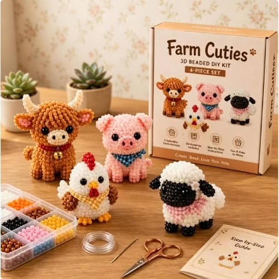 4-Pack 3D Beaded Farm Cuties Kit, DIY Beginner Bead Pets Making Kit, Stress Relief Handmade Craft Decoration Gift For Adults Teens