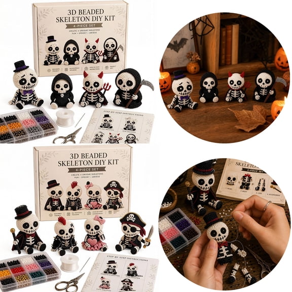 4 Pack 3D Beaded Skeleton DIY Kit, Halloween Beading Craft Set with Step-by-Step Instructions, Spooky Skeleton Making Kit for Adults Kids, Tiered Tray Decor Halloween Party Home Holiday Gifts
