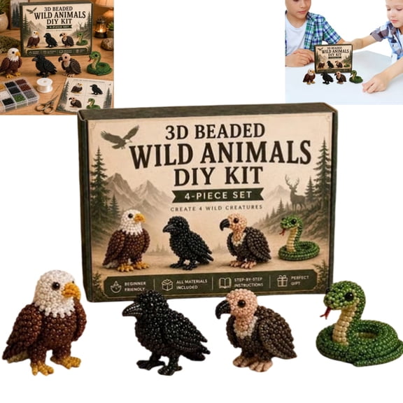 4 Pack 3D Beaded Wild Animals DIY Craft Kit, Handmade Animal Figure Making Activity Set for Kids Teens Beginners