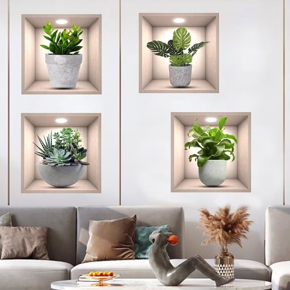 4 Pack 3D Green Plants Wall Stickers Botanical Plants Wall Decals for Bedroom Living Room Kitchen Bathroom waterproof decals, door, living room TV wall stickers Peel and Stick