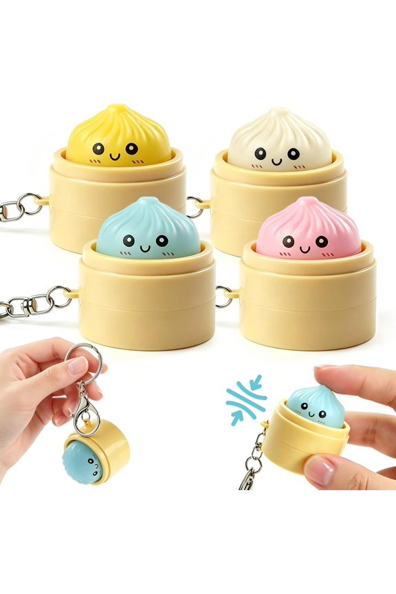 4 Pack 3D Printed Dumpling Clicker Keychains,Cute Fidget Clicker Keychain, Funny Faces Dumpling Clicker, Portable Click Fidget Keychain for Adults