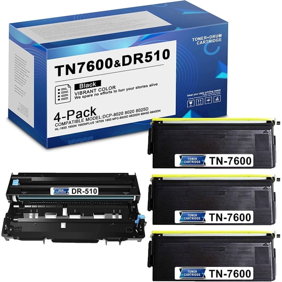 4-Pack (3Toner+1Drum) Black TN7600 TN-7600Compatible Toner Cartridges & DR510 DR-510 Drum Units Replacement for Brother DCP-8040 8045D HL-5170DN MFC-8820D 8840D 8840DN Printers