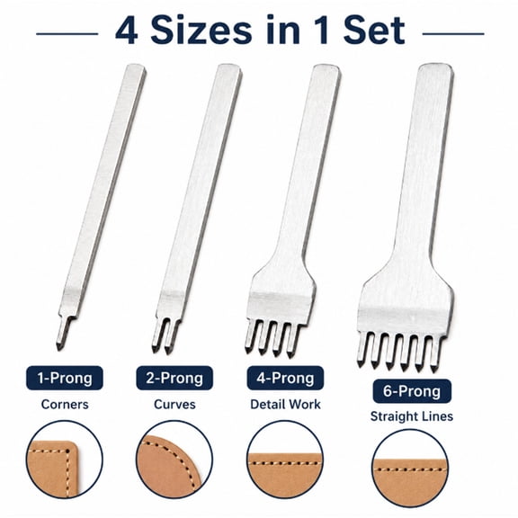 4 Pack Leather Craft Punch Tool Kit, 3 mm 1 2 4 6 Prong Stitching Chisels for Leather Sewing and Saddle Stitching, TIKA