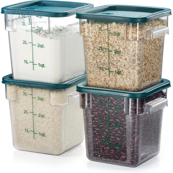 4 Pack 4.0 Qt Square Clear Polycarbonate Food Storage Container with Green Lid
