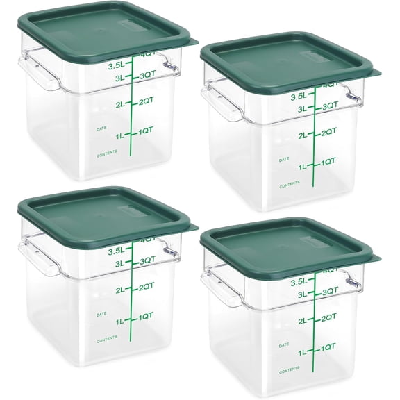 4 Pack 4.0 Qt Square Clear Polycarbonate Food Storage Containers with Green Lids