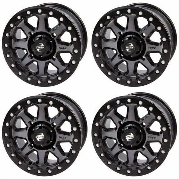 (4 Pack) 4/110 Tusk Uinta Beadlock Wheel 14x7 5.0 + 2.0 Gunmetal/Black for Honda Rancher 420 4x4 2007-2021,2023-2024