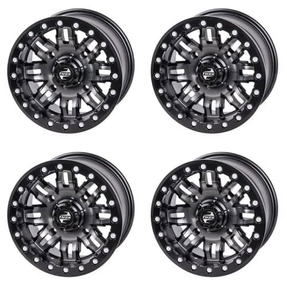 (4 Pack) 4/156 Tusk Teton Beadlock Wheel 14x7 5.0 + 2.0 Gun Metal/Black for Polaris Rzr Xp Turbo Dynamix Edition 2018-2019