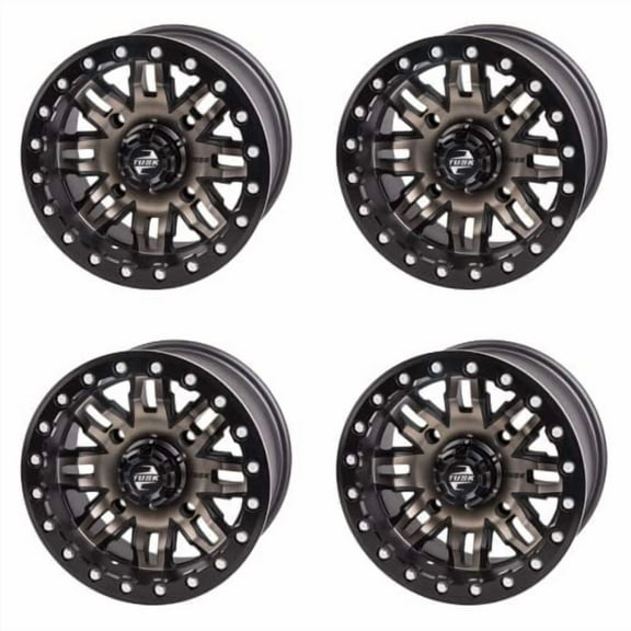 (4 Pack) 4/156 Tusk Teton Beadlock Wheel 14x7 5.0 + 2.0 Smoke/Black for Polaris Rzr Xp Turbo Dynamix Edition 2018-2019