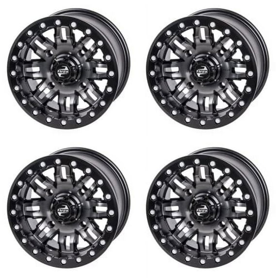 (4 Pack) 4/156 Tusk Teton Beadlock Wheel 15x7 5.0 + 2.0 Gun Metal/Black for Polaris Scrambler xp 1000 2014-2019