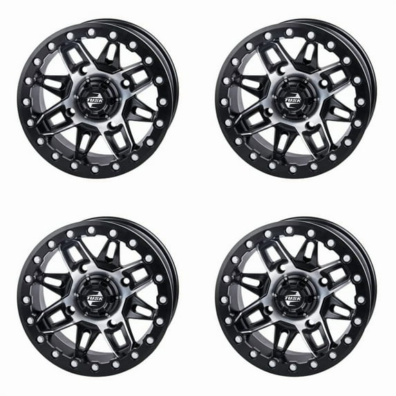 (4 Pack) 4/156 Tusk Wasatch Beadlock Wheel 15x7 5.0 + 2.0 Machined/Black for Polaris Rzr S 900 Eps 2015-2020