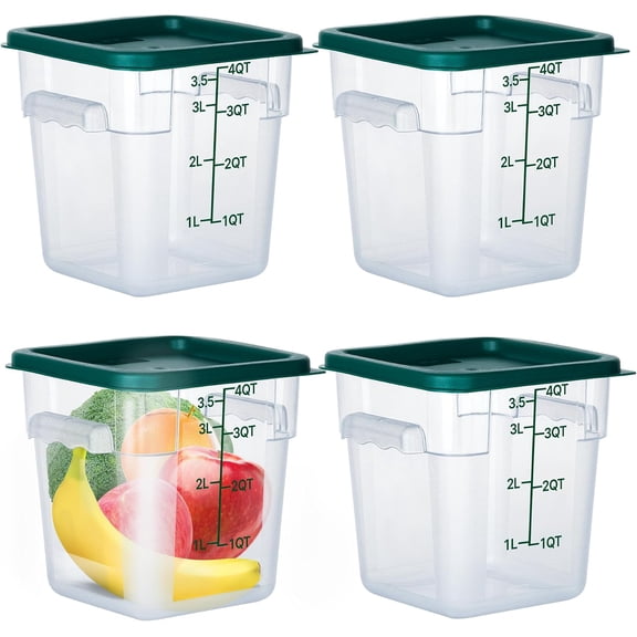 4 Pack 4 Qt Square Clear Polycarbonate Food Storage Containers with Lids Stackable Side Handles and Measurement Scale