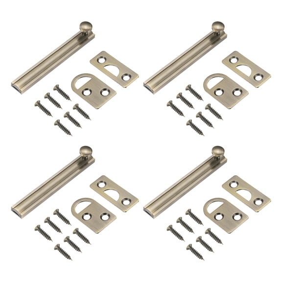 4 Pack 4" Solid Brass Surface Bolt, Concealed Security Slide Latch Door Lock with Screws, Brushed French Door Lock for Closet Cabinet Recessed Doors, Bronze