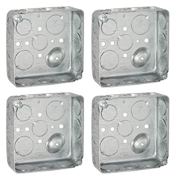 (4 Pack) 4'' Square Electrical Box, Drawn Construction, Raised Ground,Capacity, 1-1/2'' Deep, Galvanized Steel, Combination Screw Heads