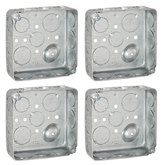 (4 Pack) 4'' Square Electrical Box, Knockouts, Welded Construction, apacity, Raised Ground, Combination Screw Heads, Galvanized Steel