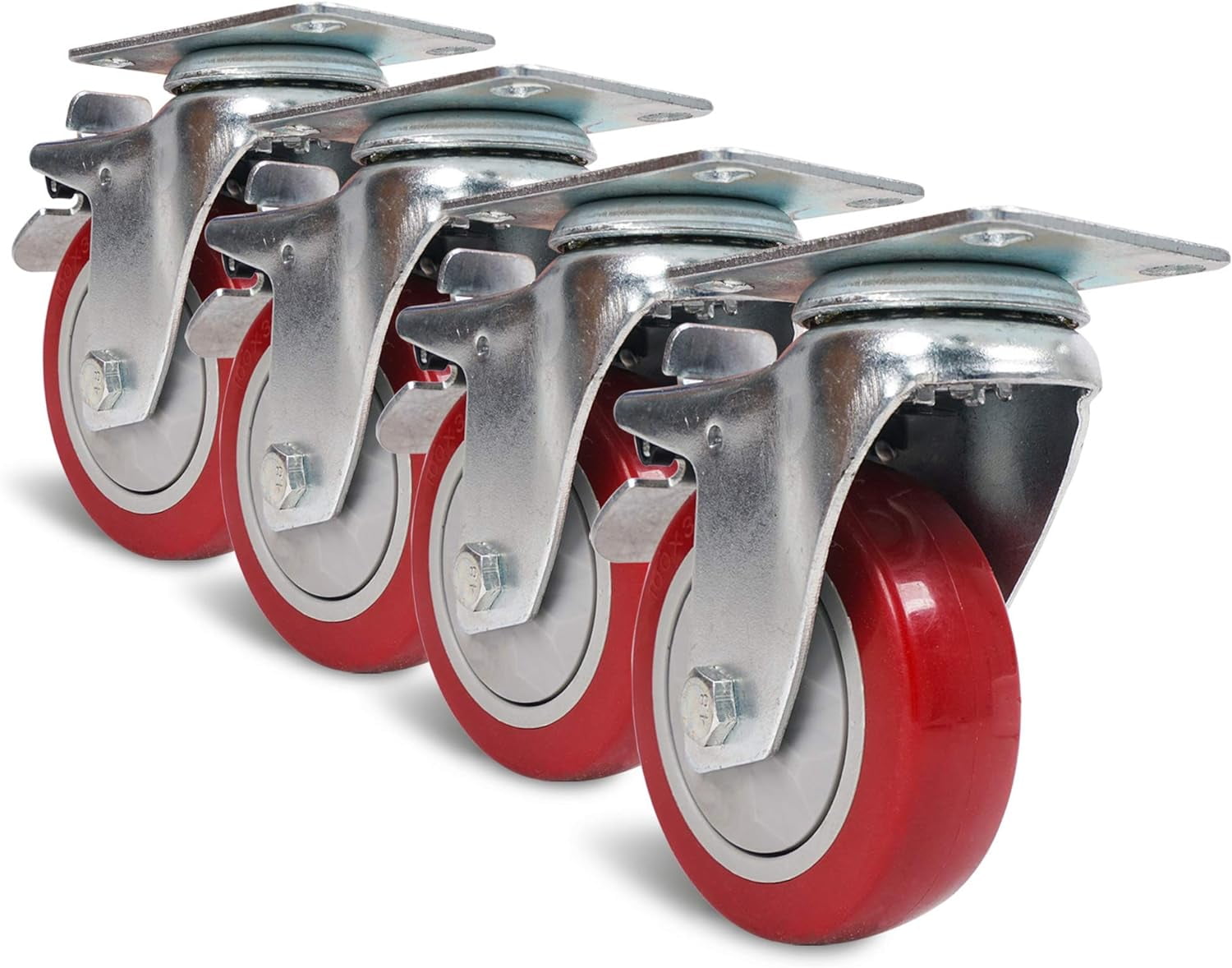 4 Pack Red Polyurethane Swivel Caster Wheels with Brakes