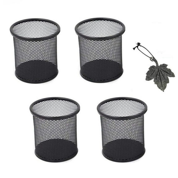 4 Pack 4" inch Black Round Cylinder Shape Mesh Pen Holder Metal Jumbo Pencil Cup Pen Organizer Medium Size - Bonus Leaf Bookmark