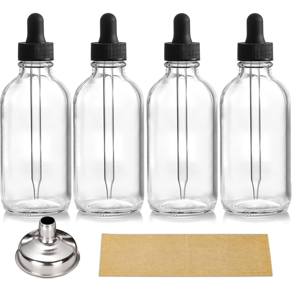 4 Pack, 4 oz Dropper Bottles with 1 Funnel & 4 Labels - Essential Oils Bottles for , Personal Care & Beauty - 120ml Thick Clear Glass Tincture Bottles with Eye Droppers, Leakproof