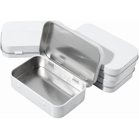 4 Pack 4 x 2.5 x 0.9In Tin Boxes Metal Hinged Container Lid White Iron Empty Rectangular Small Mini Storage Portable Organizer Containers for Tea Drawing Pin Candies Jewelry Crafts Supplies White