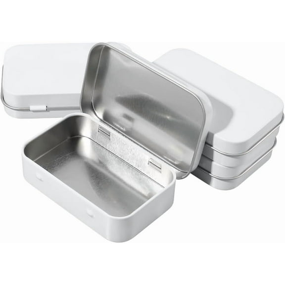 4 Pack 4 x 2.5 x 0.9In Tin Boxes Metal Hinged Container Lid White Iron Empty Rectangular Small Mini Storage Portable Organizer Containers for Tea Drawing Pin Candies Jewelry Crafts Supplies White