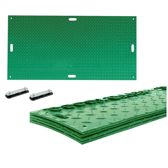 4 Pack 4' x 8' Green Ground Protection Mats w/Double Sided Diamond Plated Tread Design & 6 Pcs Single Connectors - Polyethylene Mat, Easily Supports 120 Ton Loads on Lawns, Dirt