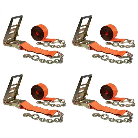 4 Pack 4"x30' Orange Ratchet Strap with Chain Anchor - 6,667 Lbs WLL High Abrasion Heavy Duty Tie Down Cargo Truck Straps with Chan Anchor for Flatbed, Truck, Trailers, Pickup