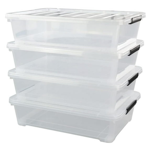 4-Pack 40 Quart Large Plastic Under Bed Storage Bin, Underbed Box With Wheels/Lids, Clear