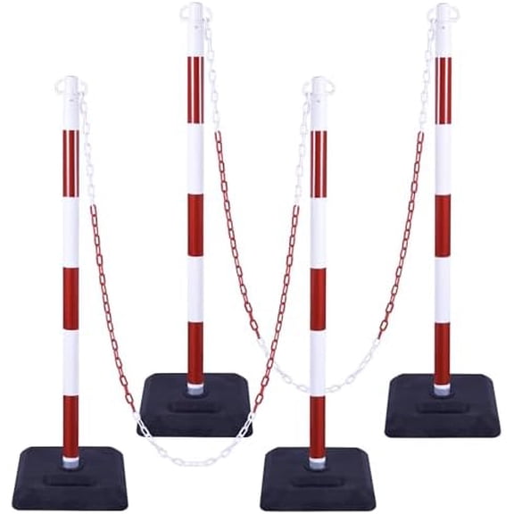 4 Pack 40" Traffic Delineator Post Cones w/Rubber Base, Safety Delineator Barrier w/Total 20Ft Chains, Traffic Barriers Safety Cones for Parking Lot, Road Construction (Red White)$$Safety & Emergency