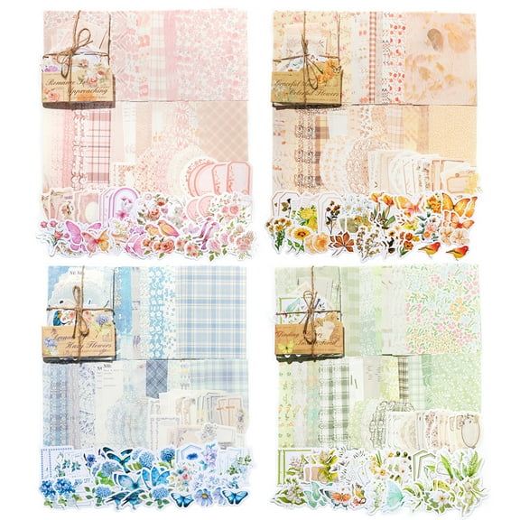 4 Pack 400 Pcs Vintage Watercolor Floral Scrapbook Paper and Stickers, Retro Decor Decals, Journaling Scrapbooking Stuff, DIY Art Craft Supplies