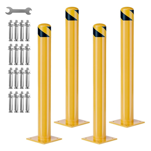 4 Pack 42 In Removable Steel Safety Bollards with Reflective Tape Anchor Kit Wrench Included