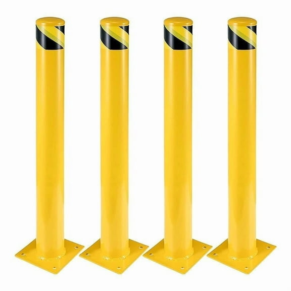 4 Pack 48 In Steel Safety Bollards 4.5 In Diameter Yellow Parking Posts with Anchor Bolts for Traffic Control Warehouse Safety Wrench Included