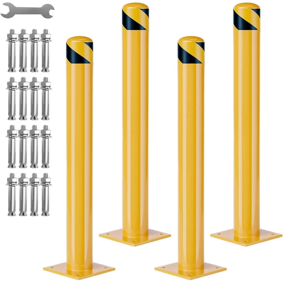 4 Pack 48 In Steel Safety Bollards Heavy Duty Removable Parking Posts Reflective Tape Bolt-Down Anchor Kit Yellow Wrench Included