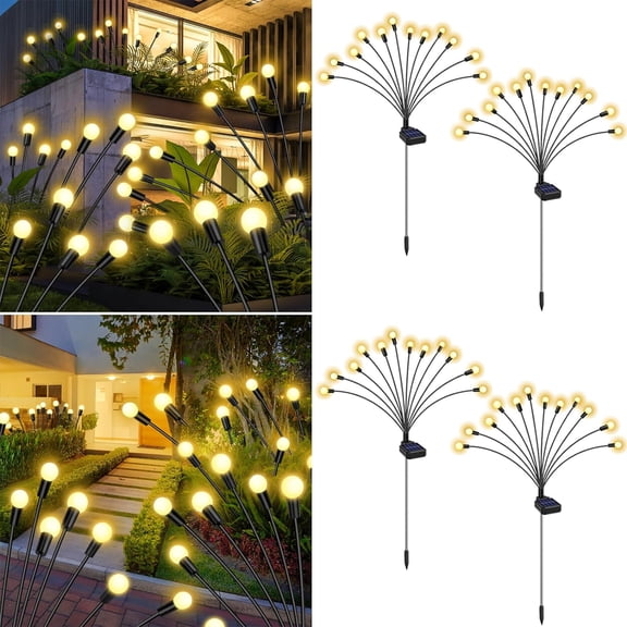 4 Pack 48 LED Garden Lights, New Upgraded Firefly Lights Outdoor Waterproof Solar Powered Swaying Outdoor Lights for Yard Patio Pathway Walkway Decoration, Warm White